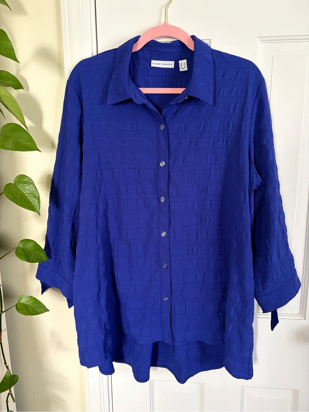 Susan Graver Qvc blue pucker woven tunic shirt blouse womens size large